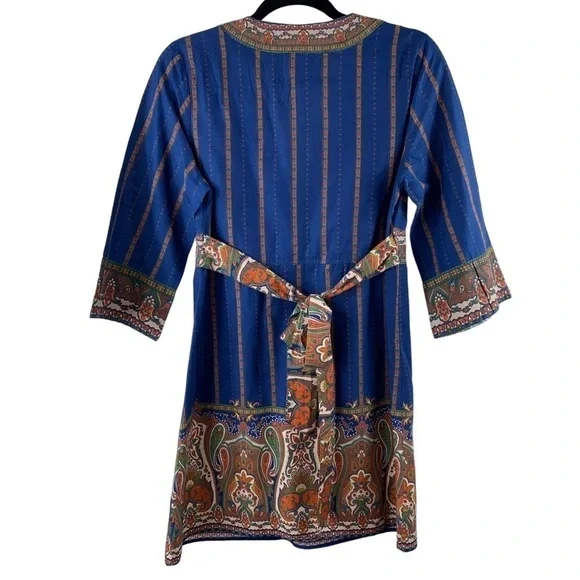 Flying Tomato Navy Blue V-Neck Boho Mixed Print Paisley Floral Mini Dress/Tunic - Picture 5 of 8